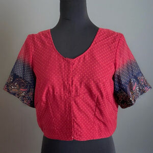 Vintage Red Blue Geometric Paisley Cropped Choli Blouse Large